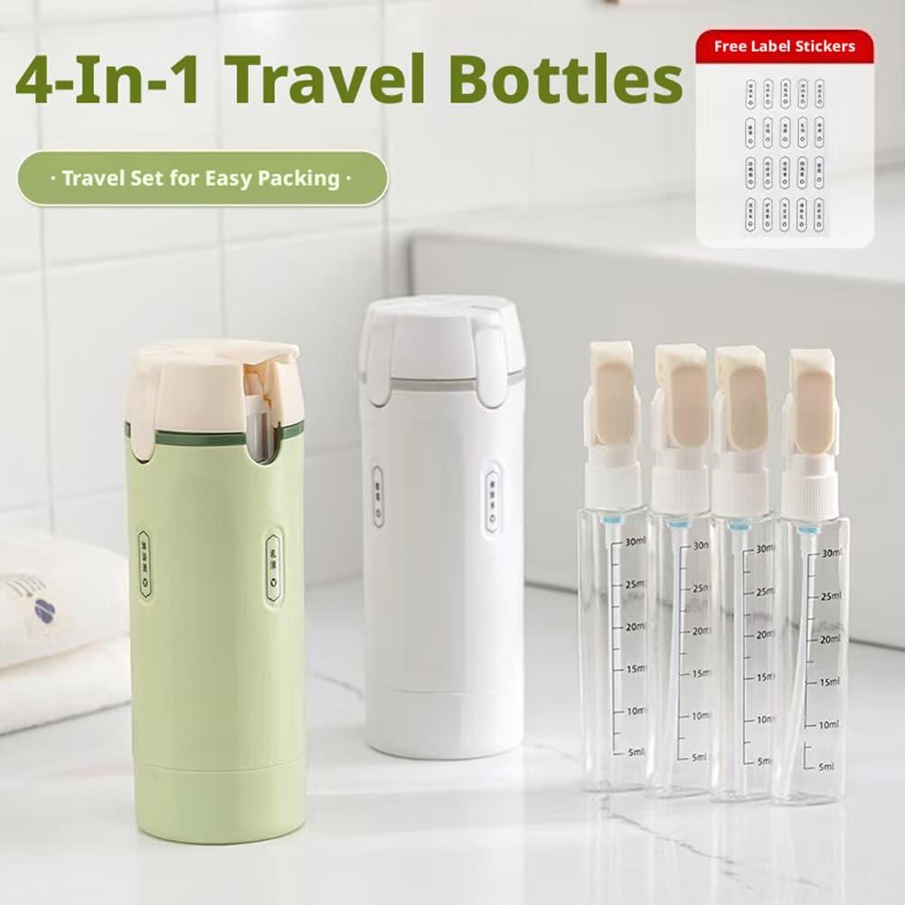 Dry Shampoo Travel - 4 個 30 ミリリットル 4-in-1 回転式トラベルサブボトリングポータブルシャンプーシャワージェルコンディショナープレスポンプディスペンサートラベルストレージボトル