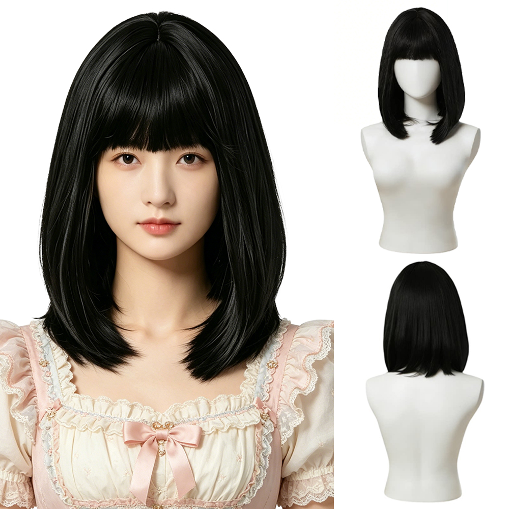 ナチュラルブラックボブウィッグ、前髪付き、毛先がカールした耐 - Hair Care High End のレビューと価格